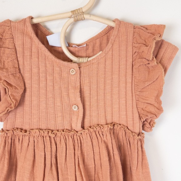 Zara Ruffle Sleeve Mixed Media Dress Girls 3-4 Years Terracotta Orange Boho - Picture 2 of 7